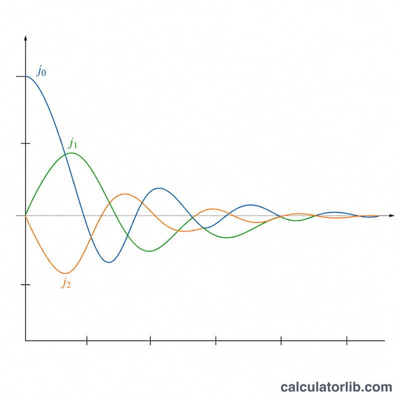 Oscillating decaying curves of the first three spherical Bessel functions of the first kind