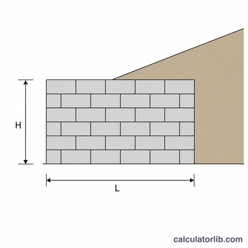 Diagram of a retaining wall showing length and height dimensions and stacked block rows