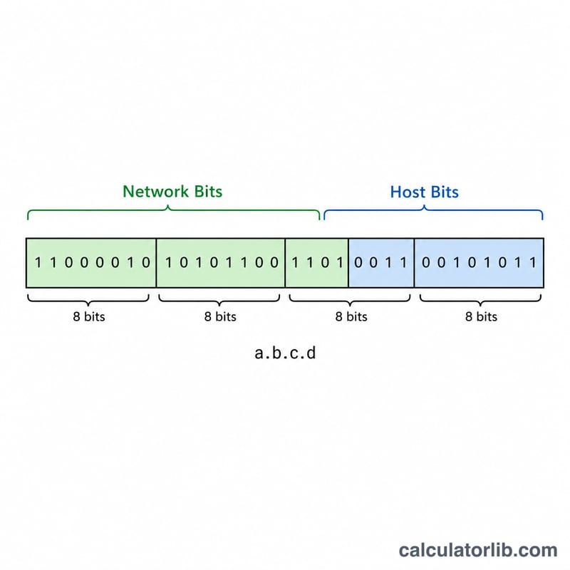 32-bit IPv4 address divided into network bits and host bits by the CIDR prefix boundary