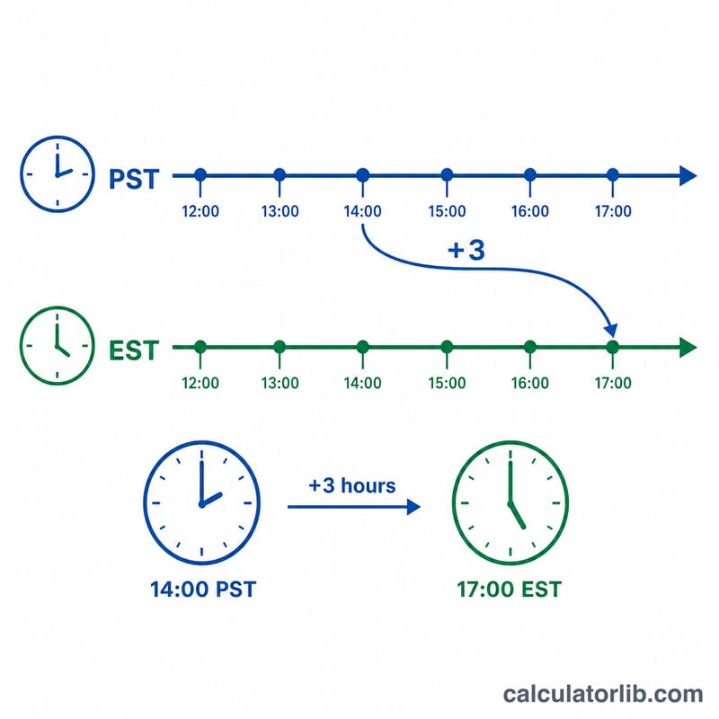 Diagram showing PST time shifted 3 hours ahead to get EST time