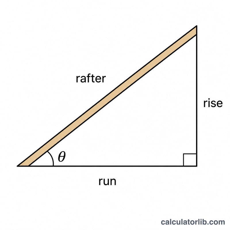 Right triangle showing roof rise, run, rafter length and pitch angle