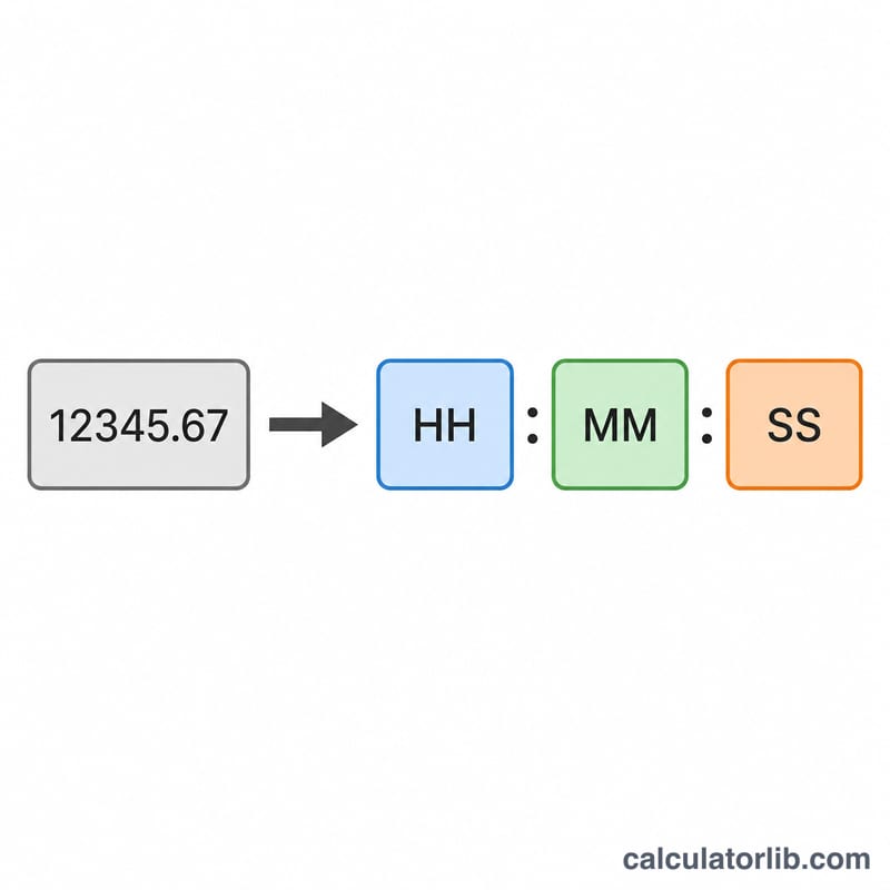 A decimal value converting into three boxes labeled HH, MM, SS separated by colons