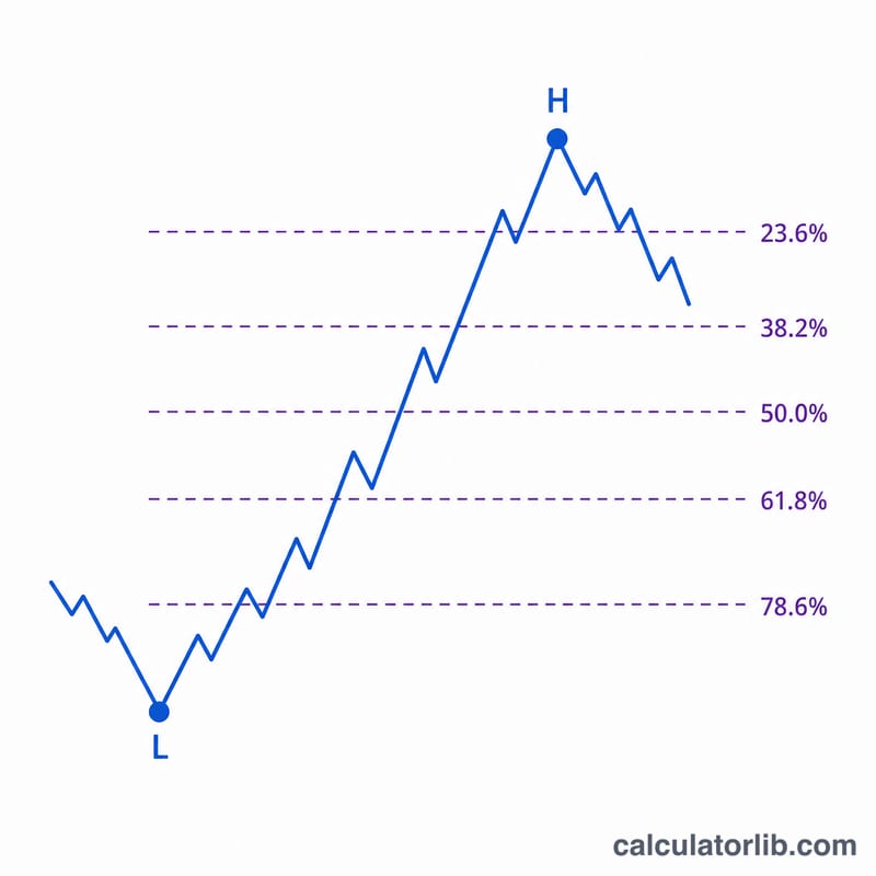Price chart with horizontal Fibonacci retracement levels between a swing high and swing low