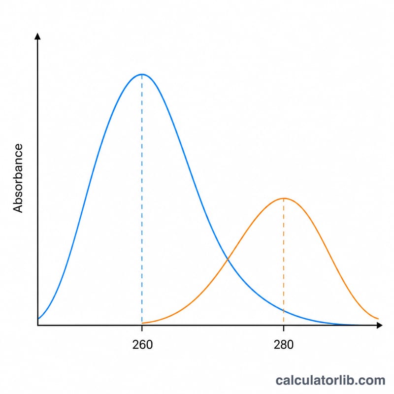 Absorbance curve peaking at 260 and 280 nanometers