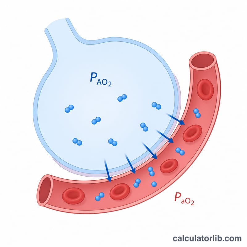 Diagram of an alveolus next to a capillary showing oxygen diffusing into blood and the pressure difference between alveolar and arterial oxygen
