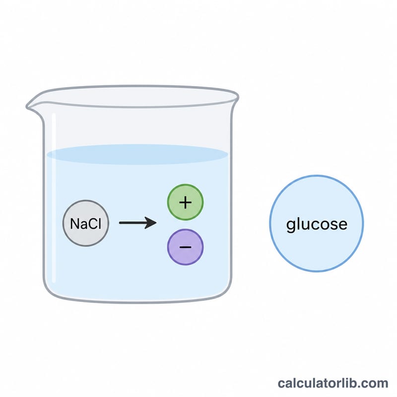 Diagram showing a solute dissociating into multiple particles in water