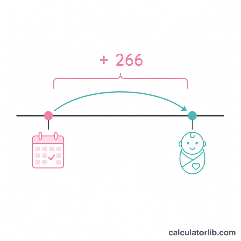 Timeline showing embryo transfer date plus 266 minus embryo age days equals due date