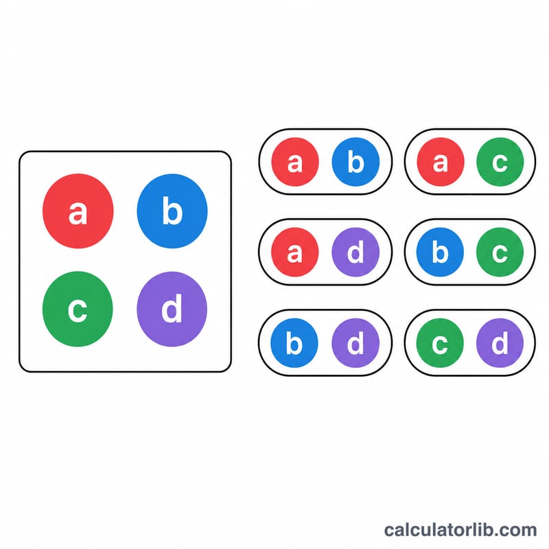 Diagrama que muestra la selección de 2 elementos de un conjunto de 4 sin importar el orden
