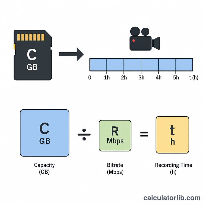 Diagram showing card capacity divided by bitrate equals recording time