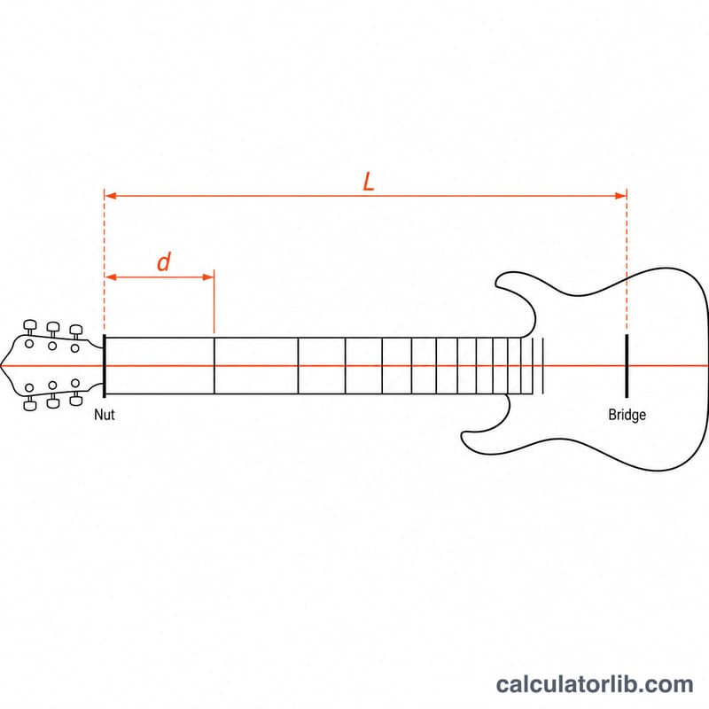Guitar neck diagram showing nut, bridge, scale length L, and distance d to a fret