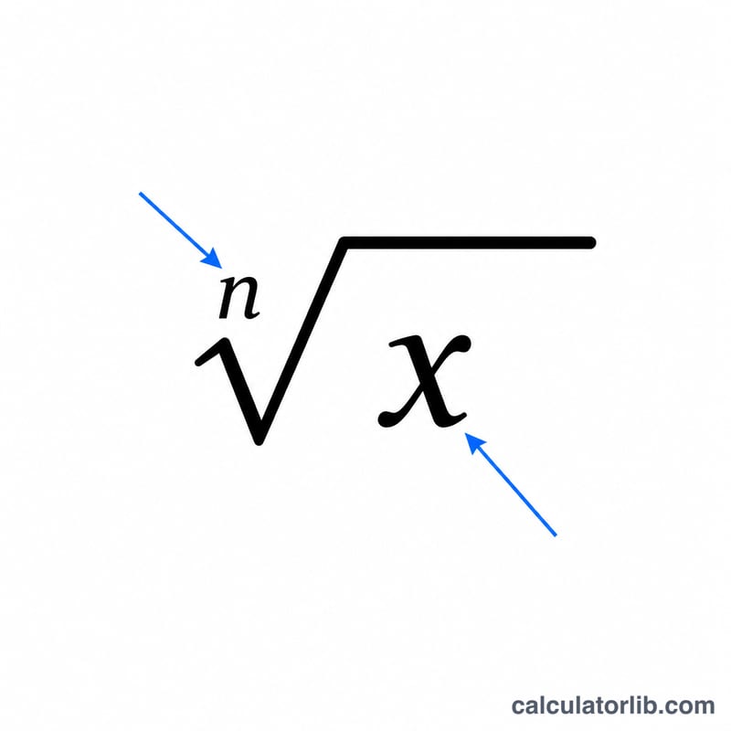 Parts of a radical: index n and radicand x under the root symbol