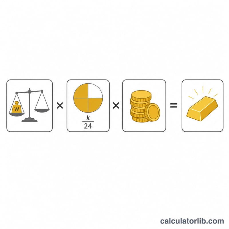 Schéma montrant la multiplication du poids, de la fraction de pureté en carats et du prix au comptant pour obtenir la valeur de fonte