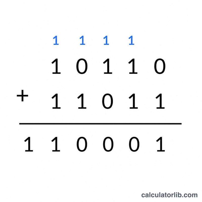 Binary addition shown column by column with carries