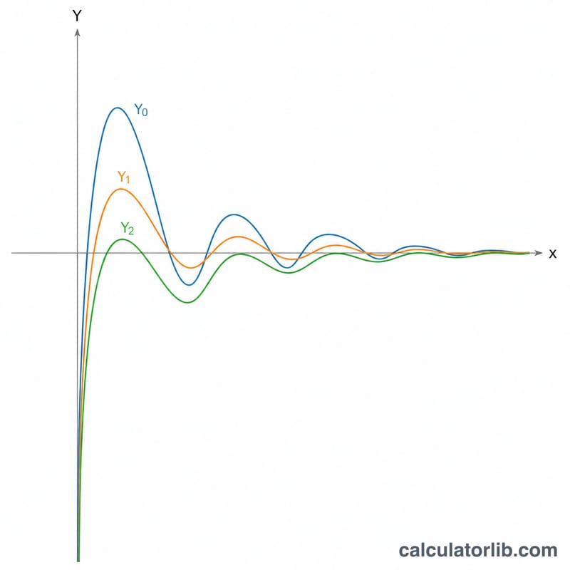 Curvas de las funciones de Bessel de segunda especie Y0, Y1, Y2 representadas frente a x