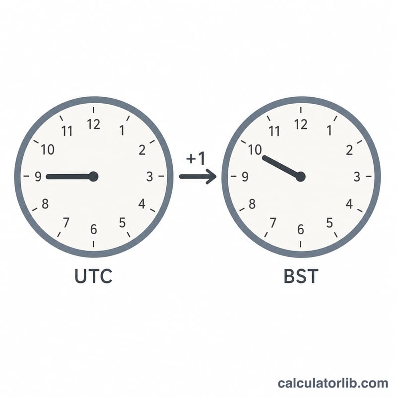 Two clocks showing UTC and BST one hour apart