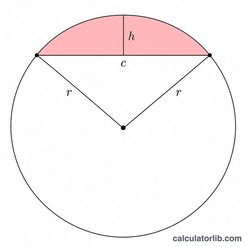 Circle showing chord c, sagitta height h, and radius r