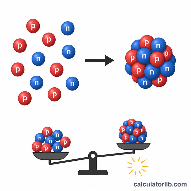 Diagram showing separate protons and neutrons combining into a nucleus with a small mass loss converted to energy