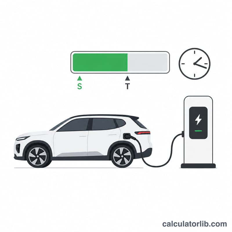 Electric car connected to a charger with a battery bar showing start and target levels and a clock