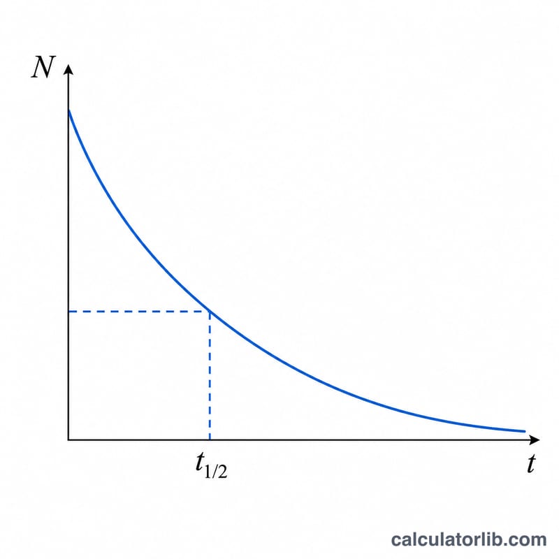 Exponential decay curve showing number of radioactive nuclei decreasing over time with half-life marked