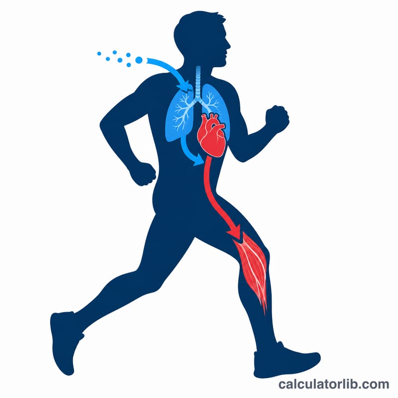 Flat diagram showing oxygen flowing from lungs to heart to working muscles in a running figure