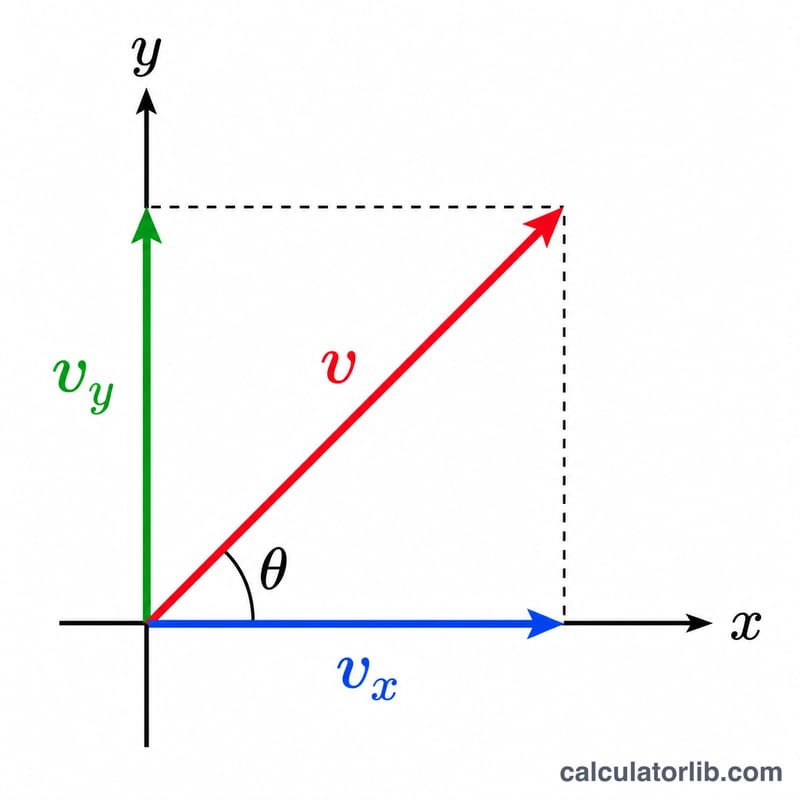 Tam giác vectơ thể hiện các thành phần vx, vy và vận tốc tổng hợp v ở góc theta