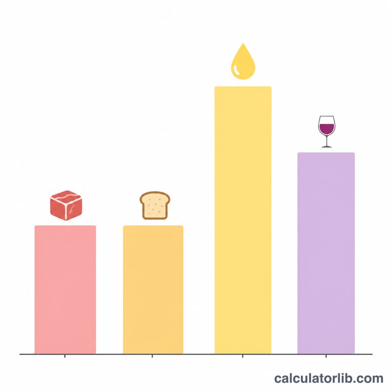 Bar chart of calories per gram for protein, carbs, fat and alcohol