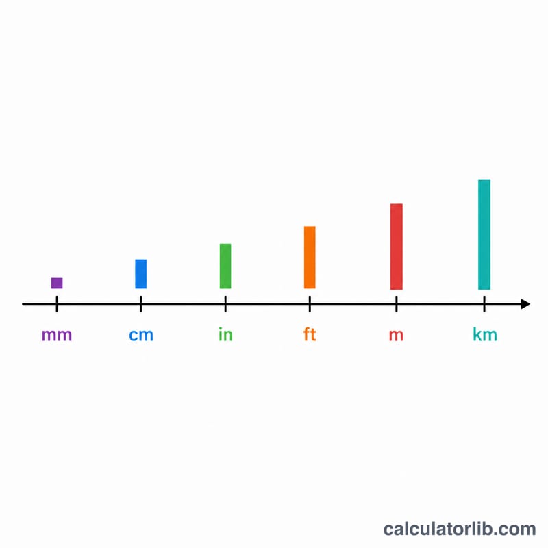Horizontal scale comparing relative lengths of millimeter, centimeter, inch, foot, shaku, meter, and kilometer on a logarithmic line