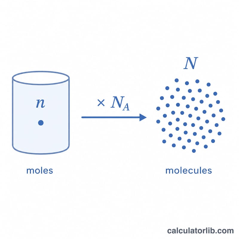 Diagram showing moles multiplied by Avogadro's number equals number of molecules