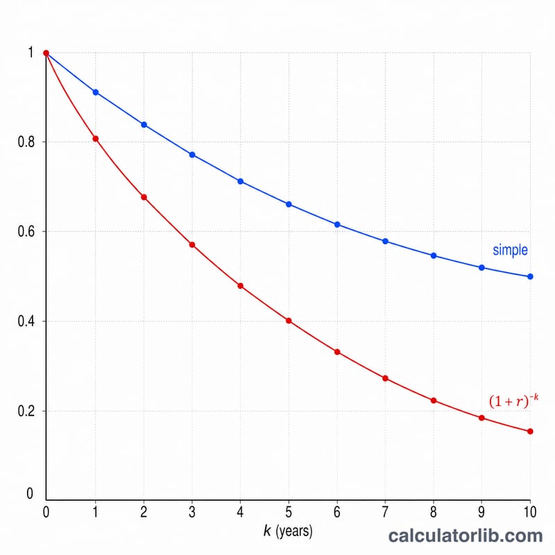 Two declining discount-factor curves over years, compound below simple