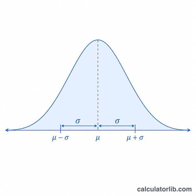 Bell-shaped normal distribution curve with mean mu at center and standard deviation sigma marked