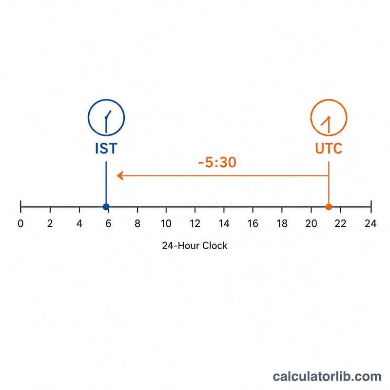 Diagram showing IST shifted back by 5 hours 30 minutes to get UTC