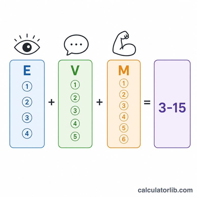 Three columns showing eye, verbal, and motor response components summing to a GCS total