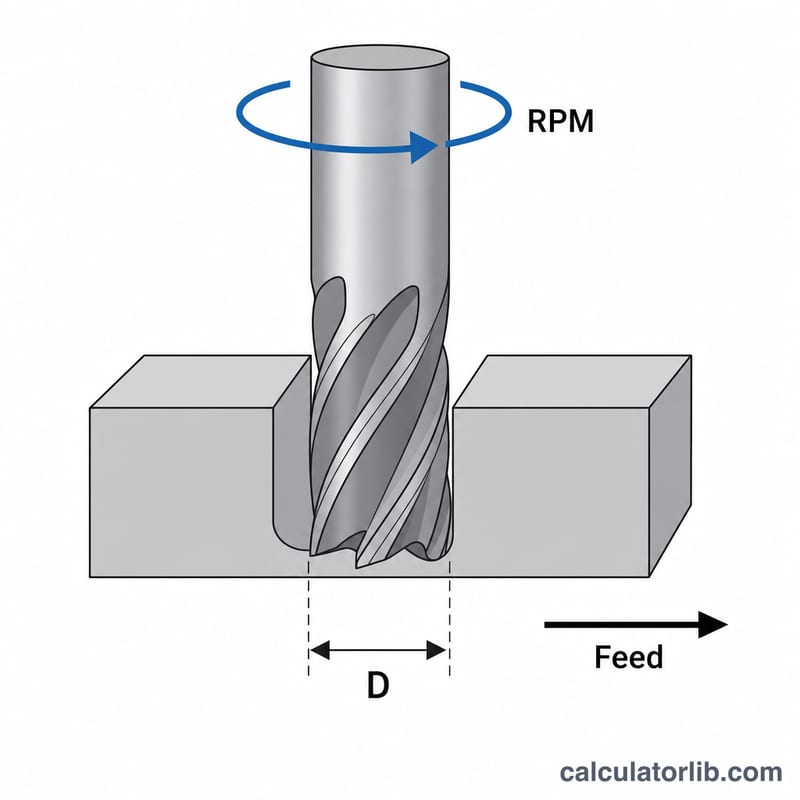 Diagram of milling cutter showing diameter D, rotation RPM and feed direction