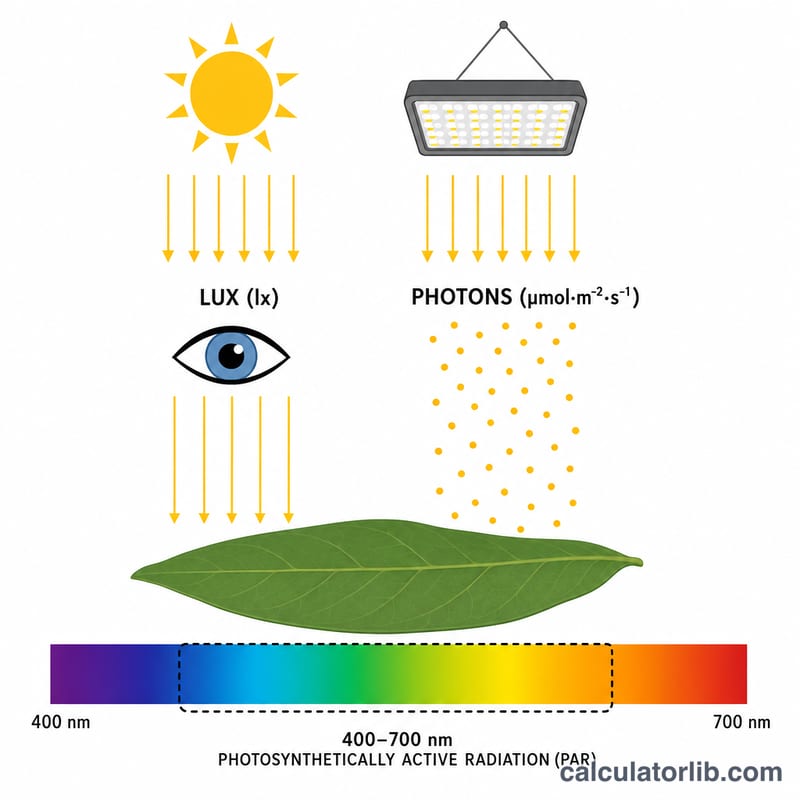 Sơ đồ so sánh lux (ánh sáng theo mắt) và PPFD (thông lượng photon quang hợp) chiếu tới một chiếc lá