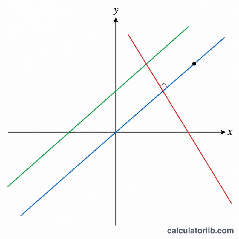 Coordinate plane showing a reference line with two new lines through a point, one parallel and one perpendicular