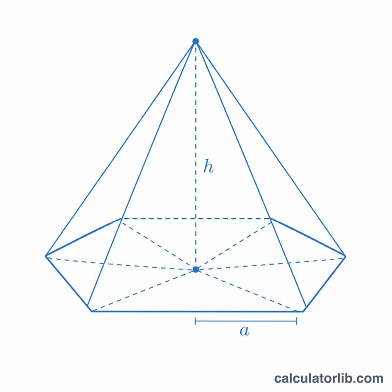 3D regular hexagonal pyramid with labeled base edge and vertical height