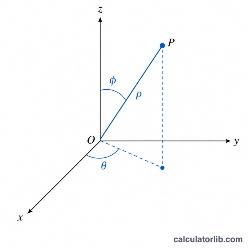 3D diagram showing a point with spherical coordinates rho, theta, and phi relative to the x, y, z axes
