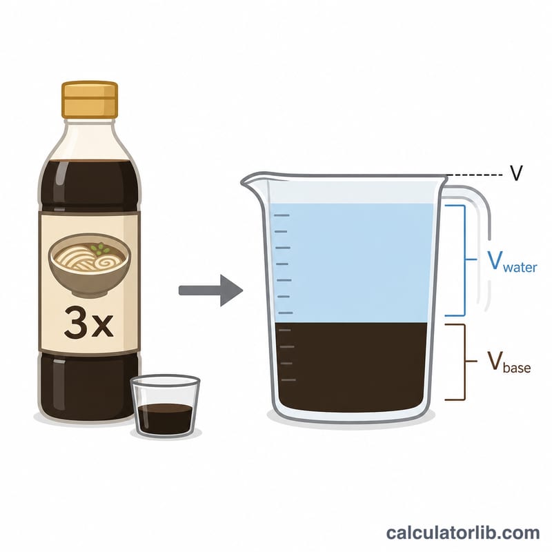 濃縮めんつゆのベースに水を加えて計量カップを目標量まで満たす図