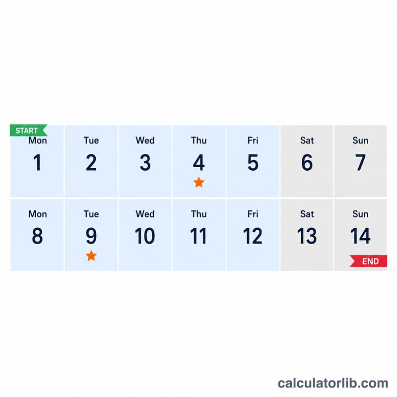 Calendar strip with weekdays highlighted, weekends shaded, and holidays starred between a start and end date