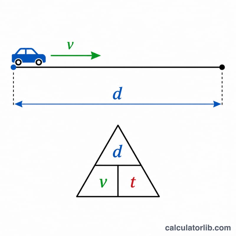 Diagram of an object moving along a path showing distance d, speed v and time t