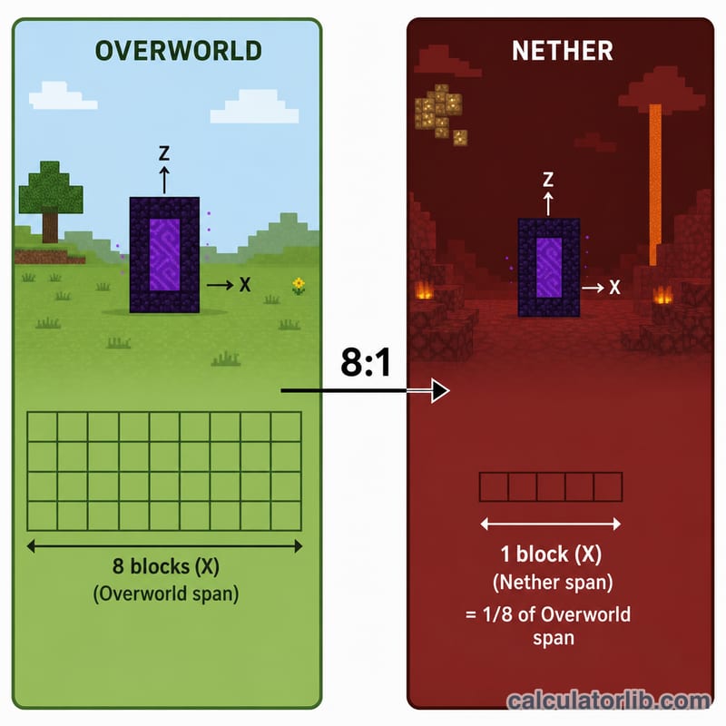 Two linked portals in Overworld and Nether showing 8 to 1 distance ratio