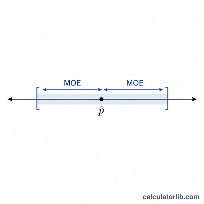 Confidence interval centered on a sample proportion with margin of error extending symmetrically on both sides