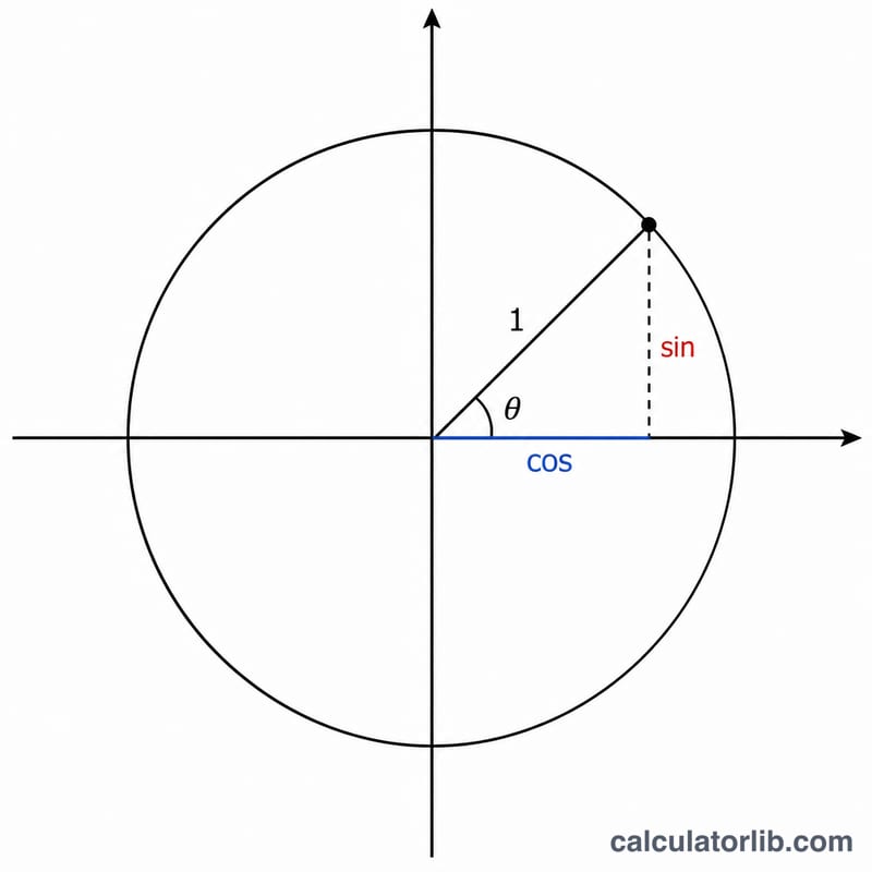 Unit circle showing an angle theta in radians with its sine and cosine as coordinates