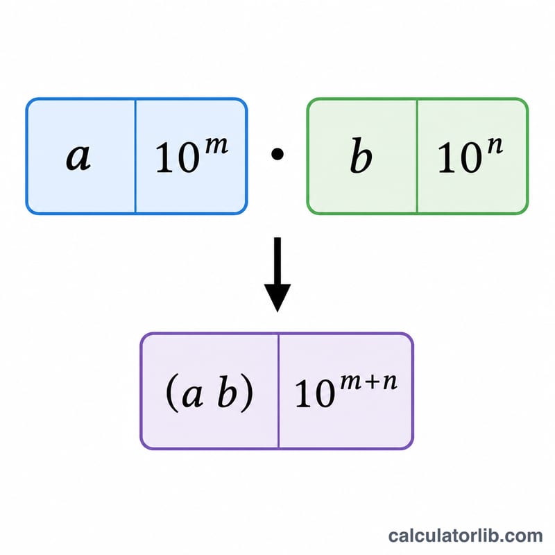 Diagram showing coefficients multiplied and exponents added in scientific notation multiplication