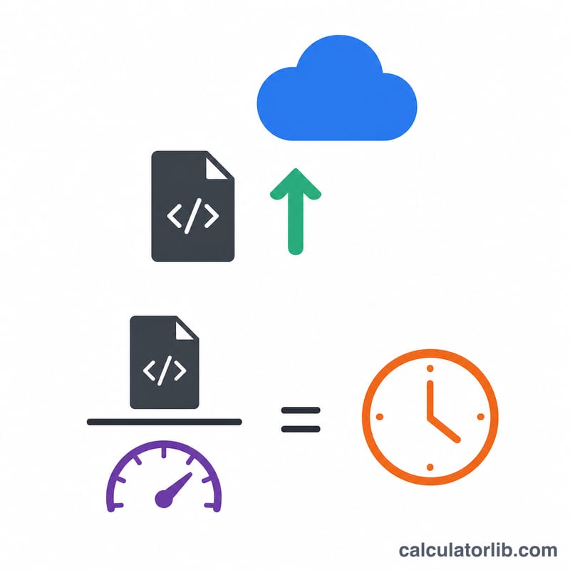 Flat diagram showing file size divided by upload speed equals time, with a file icon, upward arrow, and clock