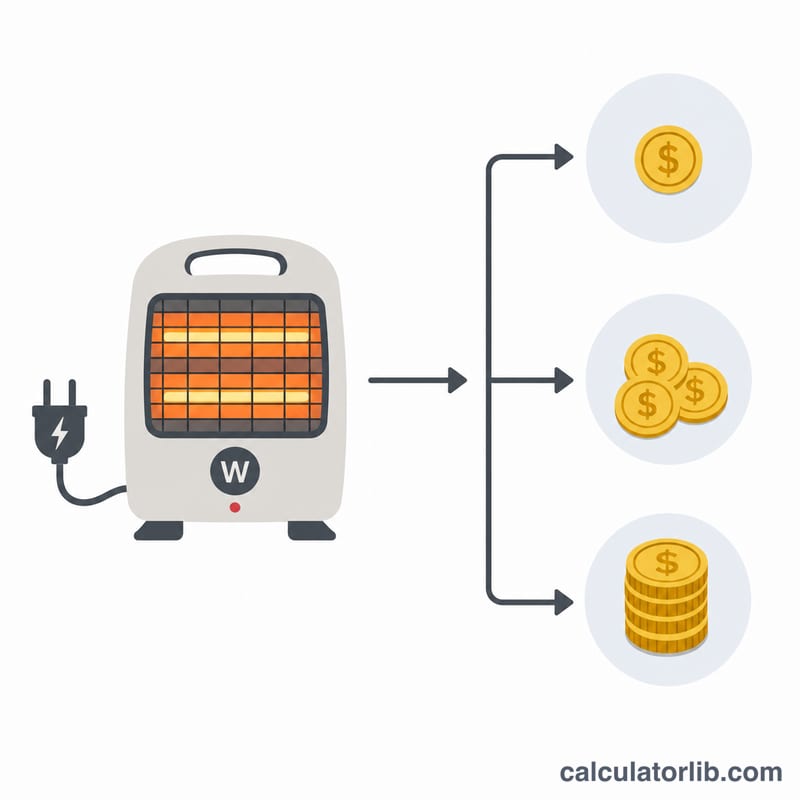 Diagram of a space heater leading to hourly, daily and monthly cost levels
