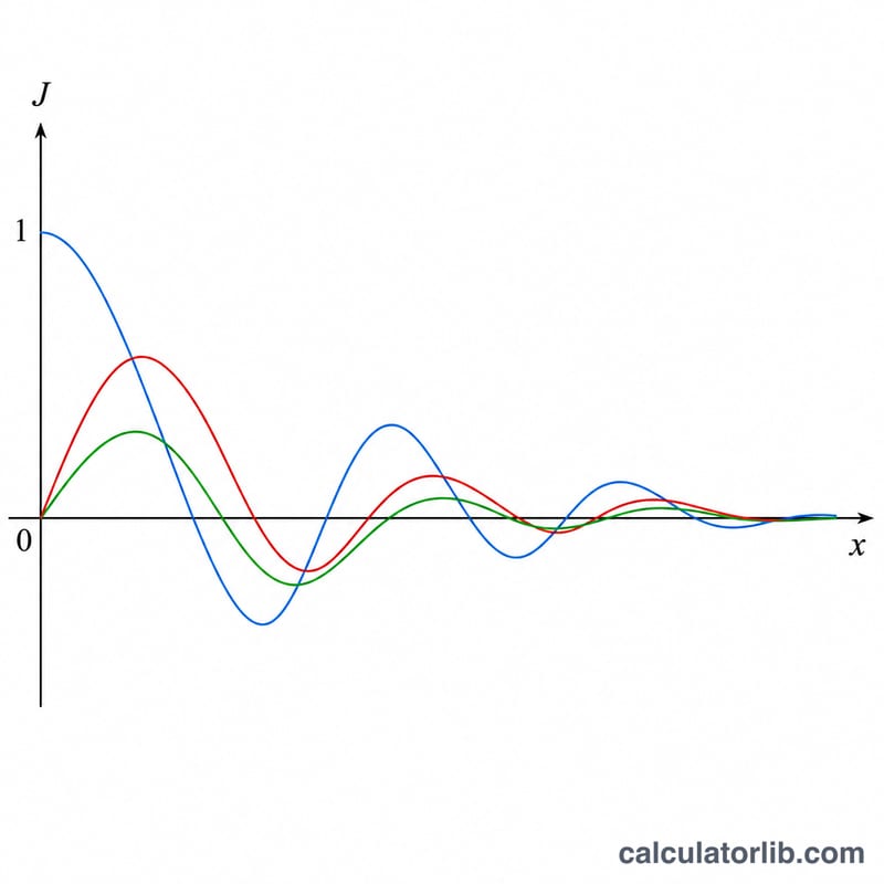 Oscillating decaying curves of Bessel functions of the first kind J0, J1, J2 versus x