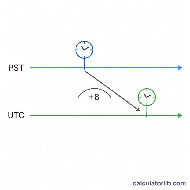 Diagram showing PST time shifted forward 8 hours to UTC on parallel time axes