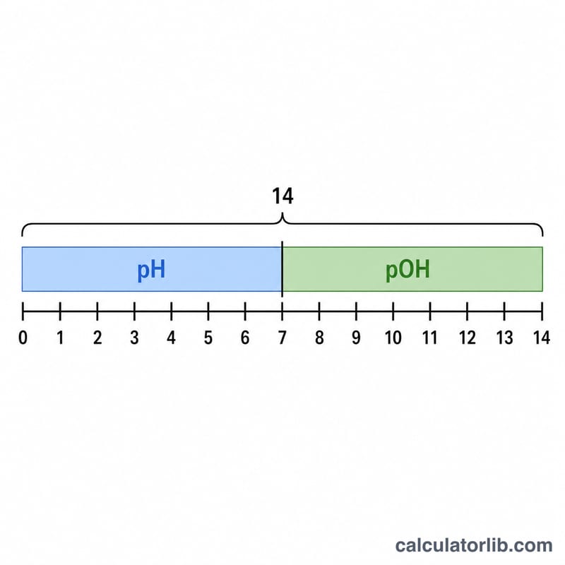 Horizontal scale from 0 to 14 split between pH and pOH summing to 14