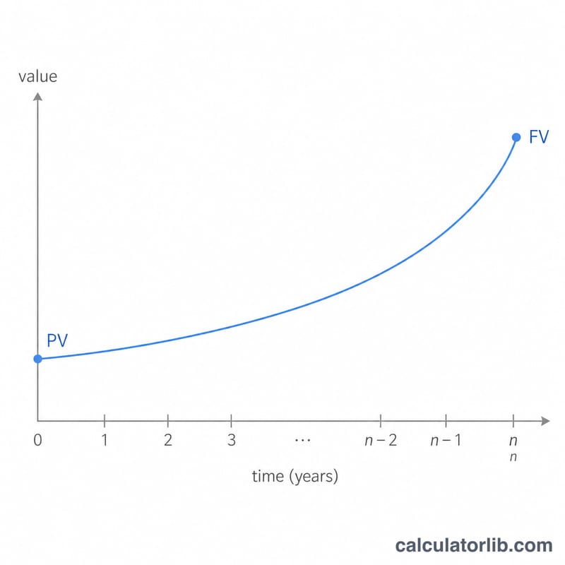 Đường cong lũy thừa đi lên từ giá trị hiện tại PV đến giá trị tương lai FV qua n năm